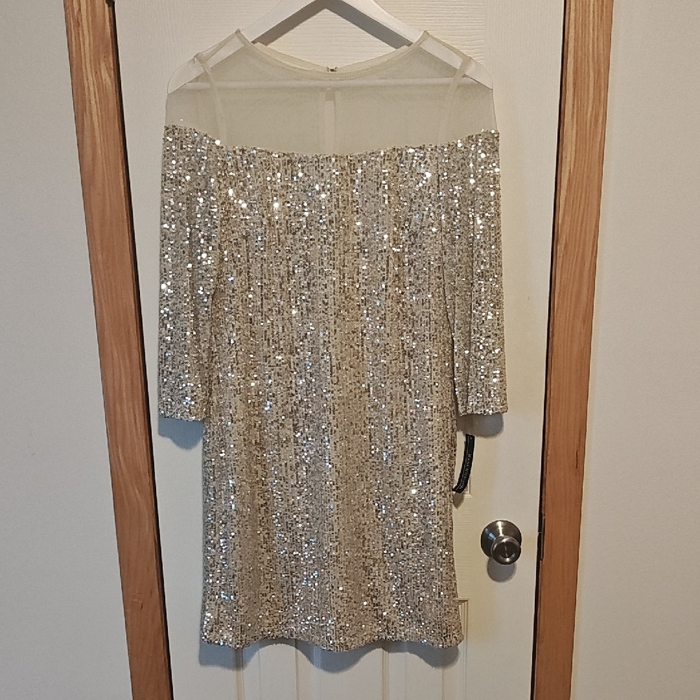 R&M Richards Silver Sequin Off-Shoulder Sheath Dress